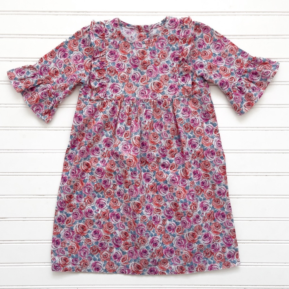 CLASSIC WHIMSY EUC/LN Floral Rose Print Bell Sleeve Dress